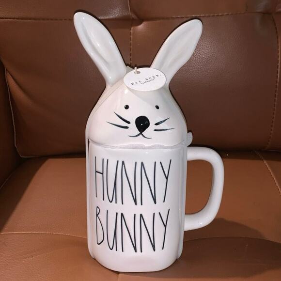 New Rae Dunn by Magenta "Hunny Bunny" WHITE Mug with Bunny Head Topper - Picture 1 of 3